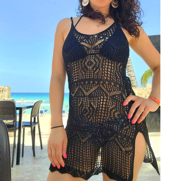 Free People Other - New S Black Knit Crochet‎ Swimsuit Cover Up Mini Dress Slit Beach Sarong Kaftan